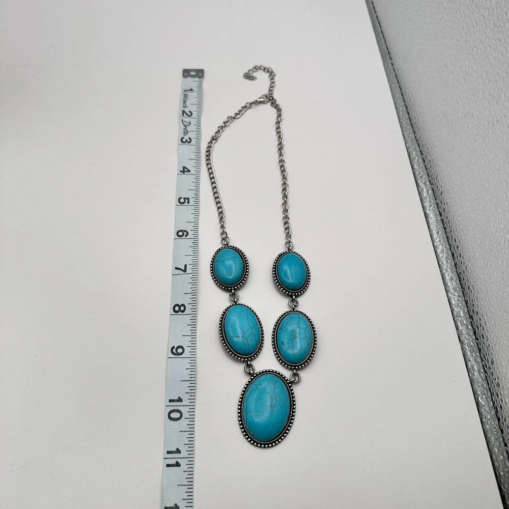 VTG Silver Tone Turquoise Color Bib‎ Necklace Chunky Statement Bold Boho Retro